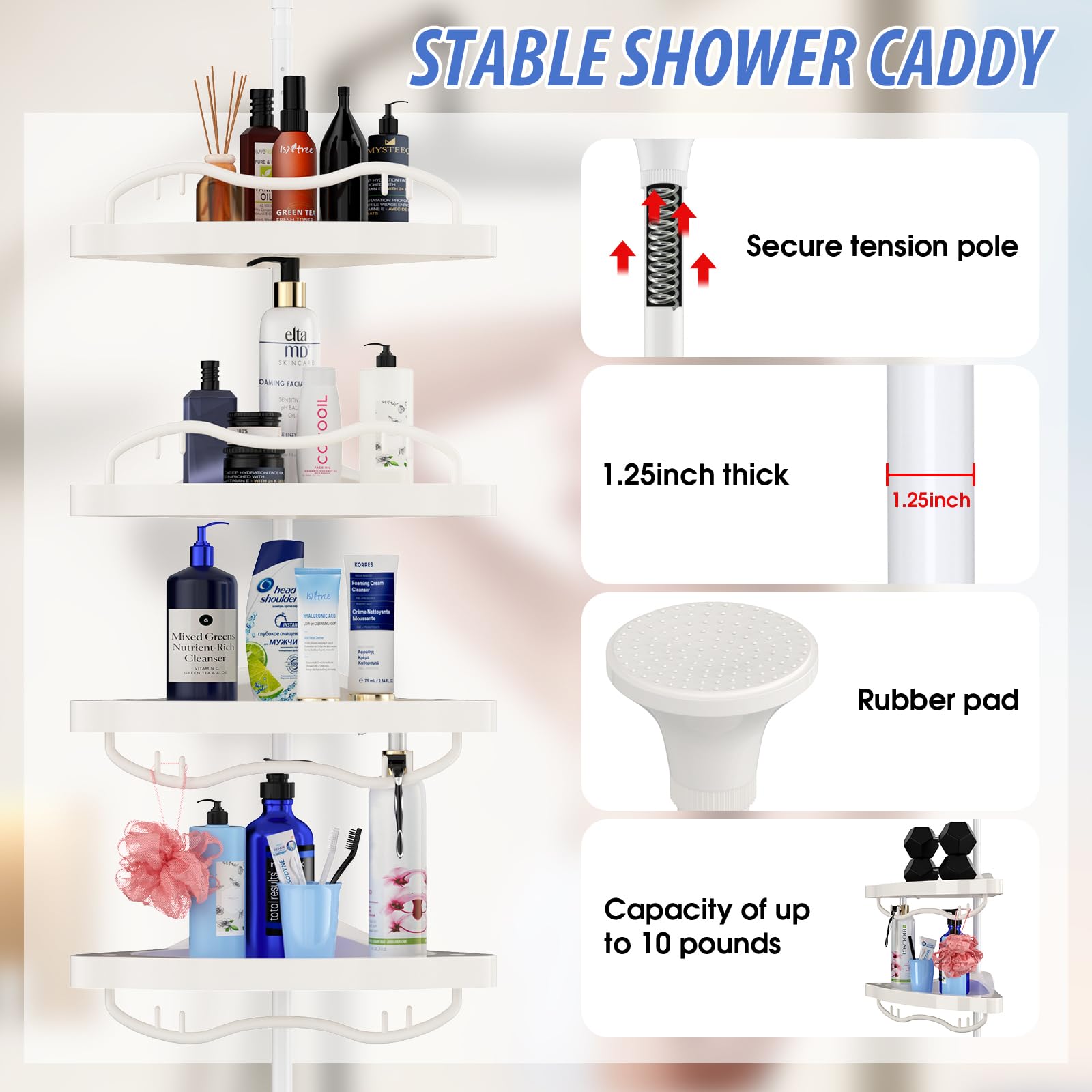 CALCHELE Shower Caddy Corner for Bathroom, Rustproof Bathtub Shower Storage Organizer for Shampoo Accessories, 4-Tier Adjustable Shelves with Tension Pole, 54 to 114 Inch White