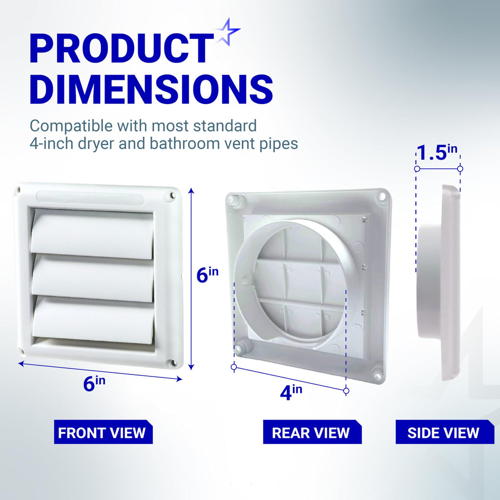 [UPGRADED] 2 PACKS Ultra Durable Louvered Outdoor Dryer Vent Cover for 4" Opening Hood Duct by BlueStars - Outdoor White Exhaust Cap Prevents Birds, Rain And Snow For Long-lasting Use