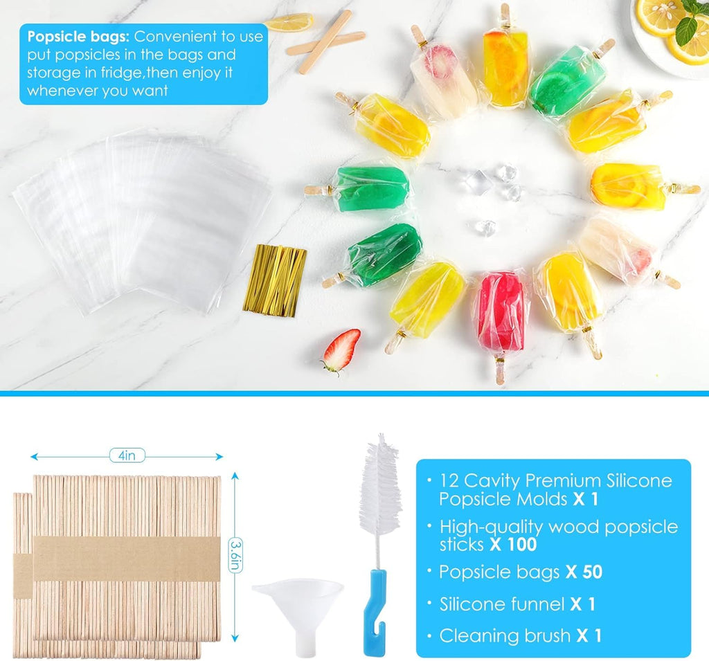 POLCANUR Popsicle Molds Silicone BPA-Free,12 Pieces Popsicle Trays for Freezer,Homemade Ice Cream Popsicle Molds,Large Ice Pop Maker Set,Reusable Ice Lolly Mould with 50PCS Popsicle Sticks