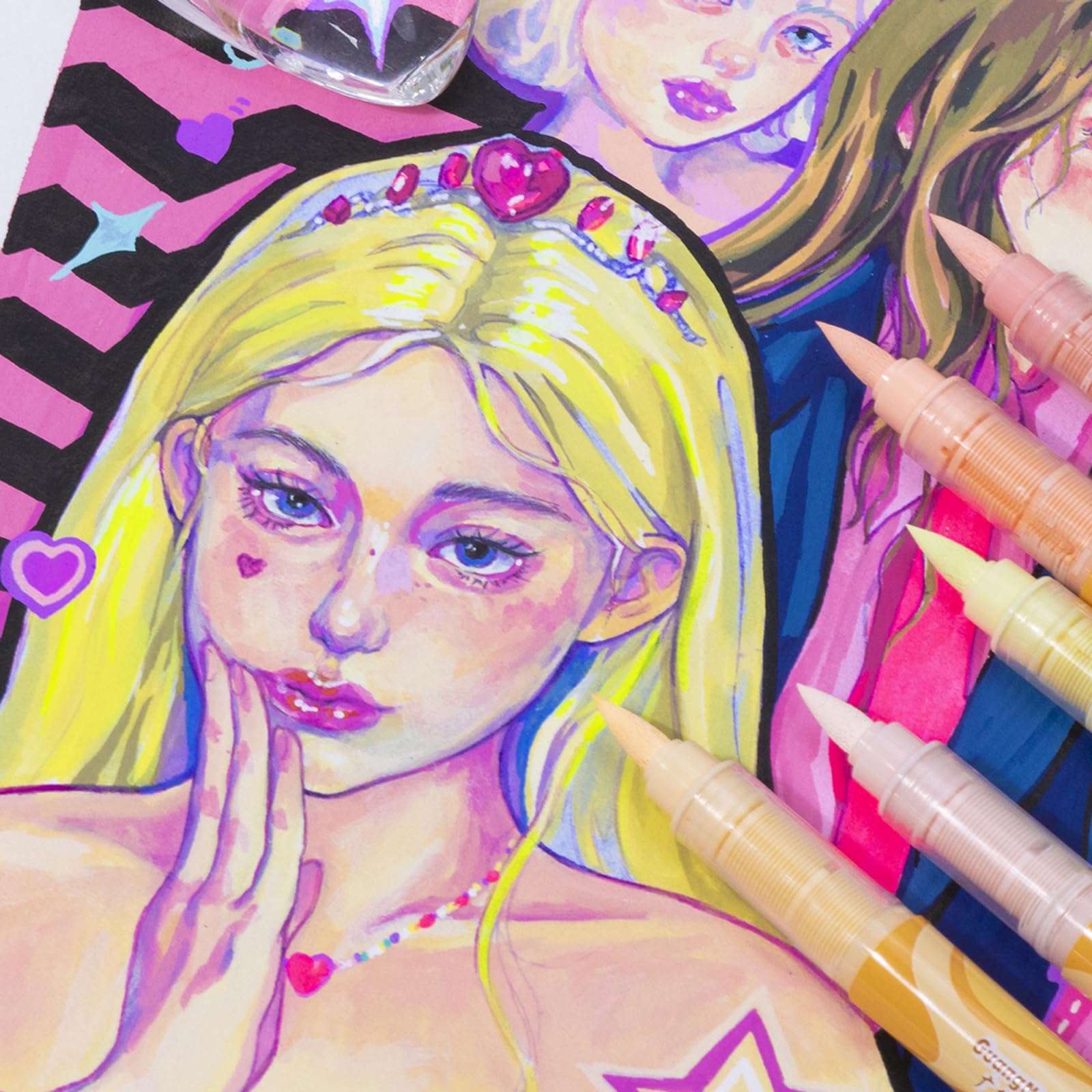 24 Colors Skin Tone Acrylic Markers, Anime Pro Soft Brush Tip Liquid Ink Pens, Quick-Dry Non-Bleed Skin Colour Markers for Waterproof Art on Canvas, Rocks, Glass, Paper