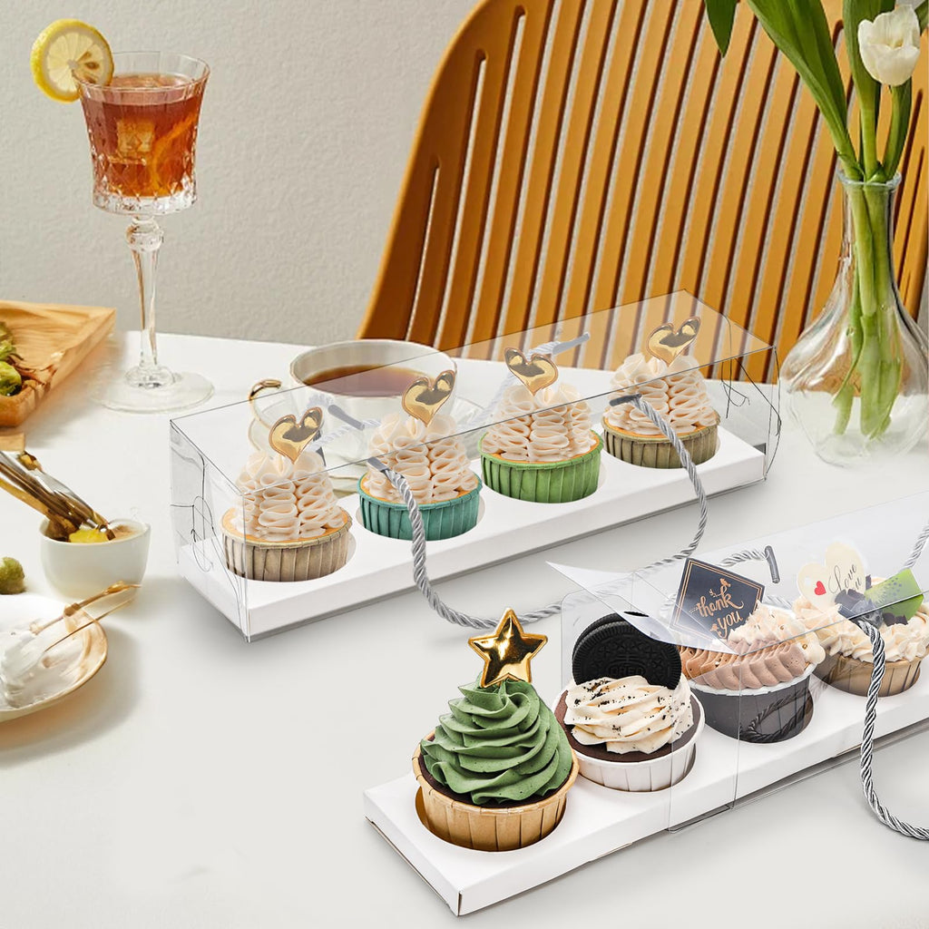 Coloch 24 Pack Clear Cupcake Box with Handle, 4 Count Plastic Cupcake Container 12x3x3 In with Baked Dessert Box for Cupcake, Dessert, Muffins, Party, Wedding, Teachers' Day, Valentine's Day