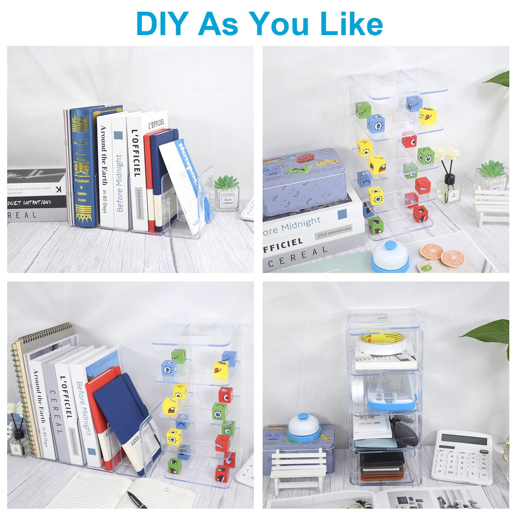 Marte Vanci Clear Acrylic File Sorter, Sturdy Desk File Organiser Shelf Book Holder Purse Handbag Clutch Dividers File Folder Rack for Letter Cookbooks Home Office Kitchen Supplies 4 Sections (2 Pcs)