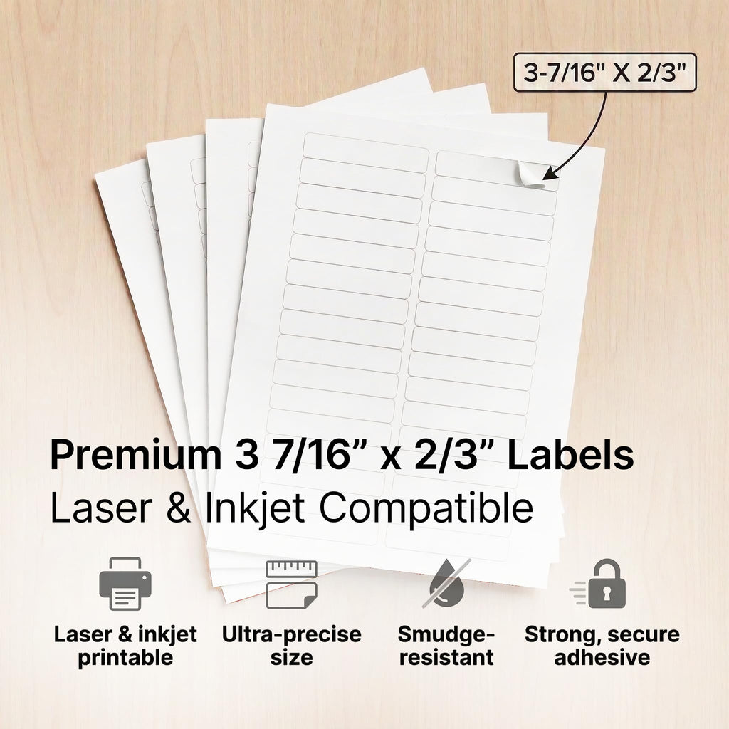 3 7/16" X 2/3" Matte White File Folder Labels Compatible with Inkjet and Laser Printers - 100 Sheets, 3000 Printable Paper Stickers for Return Addresses and Mailing - Spartan Industrial Template R012
