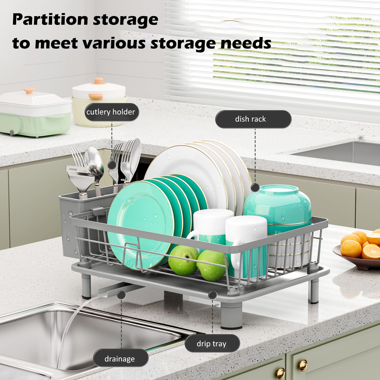 BULIJUJU Small Dish Drying Rack, Space Saving Dish Racks for Kitchen Counter, Kitchen Organizer Dish Drainer with Cutlery Holder for Spoons and Forks, 11''W x 15''L, Gray