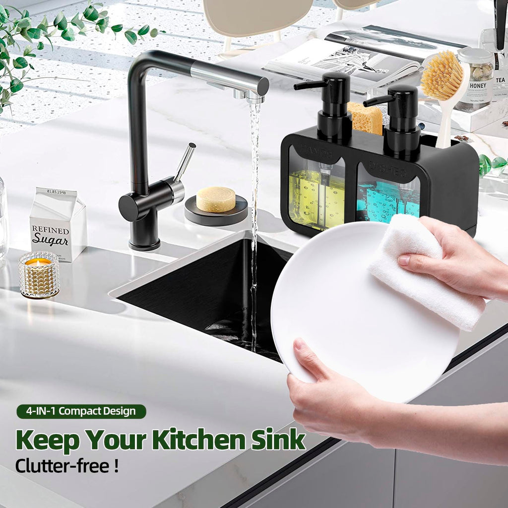 Peevel Dish Soap and Hand Soap Dispenser for Kitchen Sink, Soap Dispenser Set with Sponge Caddy and Brush Holder, Organizer for Kitchen Sink Countertop, Black