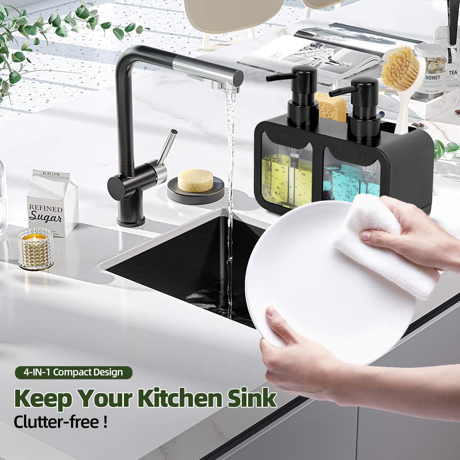 Peevel Dish Soap and Hand Soap Dispenser for Kitchen Sink, Soap Dispenser Set with Sponge Caddy and Brush Holder, Organizer for Kitchen Sink Countertop, Black