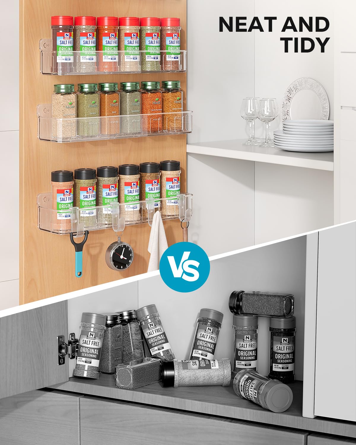 Nieifi Spice Rack Wall Mount, Spice Organizer for Spice Jars, Screw or Adhesive Hanging Spice Rack Organizer for Your Kitchen Cabinet or Pantry Door,4 Pack (Clear)