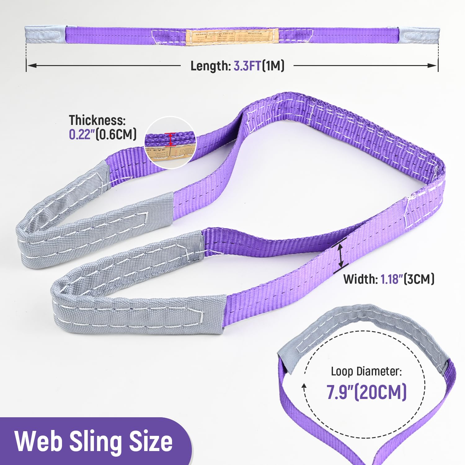 Vigtayue 2-Pack 1Inches x 3.3Ft 2-Ply Twisted Eye & Eye Polyester Lifting Sling, Lifting Slings 2204lbs Webbing Sling,Heavy Duty Lift Sling Web for Industrial Shop Use, Hoist, Tree Stumps, Purple