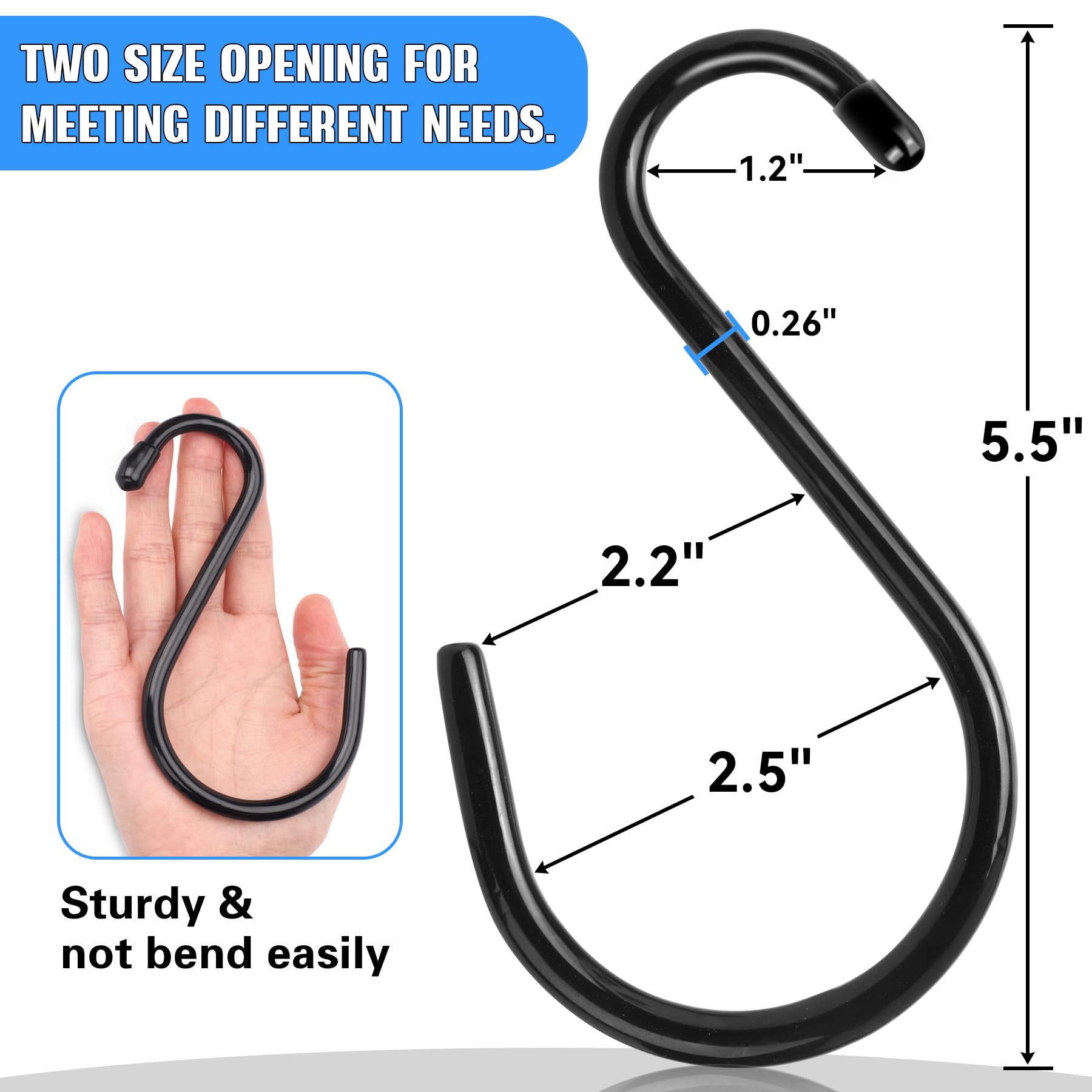 Antimbee 12 Pack Heavy Duty S Hooks, 5.5 inch Large S Hooks, S Hook Hanger with Rubber Coated, Black S Shaped Hook for Hanging Plants, Banana, Clothes, Bags,Towels, Kitchen Utensil