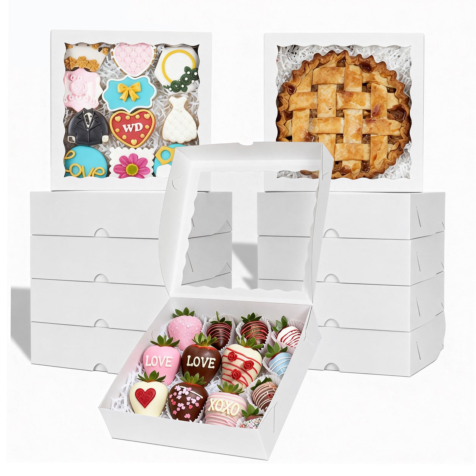 TEMLQPACK 50pcs 9x9x2.5 Inches White Bakery Boxes - Cookies, Pie, Chocolate Covered Strawberries, Breakable Heart, Charcuterie Boxes for Valentine's & Christmas