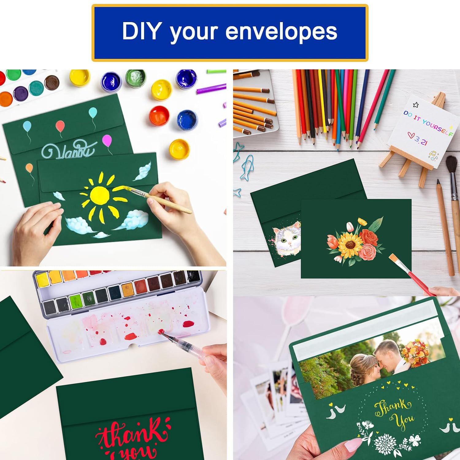 BEANPRECOY 100 Pcs A7 Envelopes, Self-Adhesive Envelopes, 5x7 Envelopes, Printable Invitation Envelopes for Weddings Invitations, Party Invitations, Photos, Postcards, Greeting Cards (Dark Green)