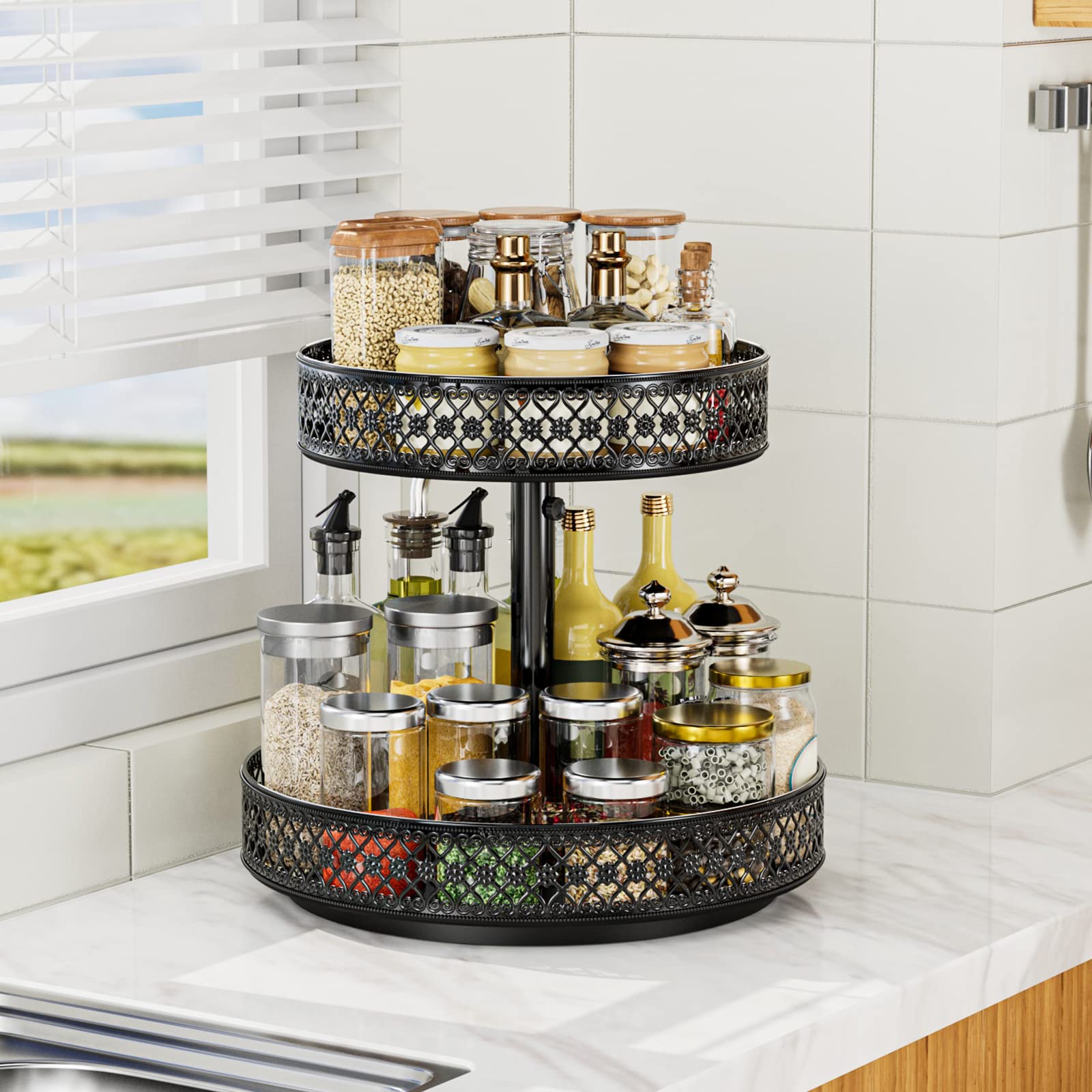 Lazy Susan Organizer 2 Tier - Turntable Spice Rack 12 inch Adjustable Metal Rotating Lazy Susan for Cabinet Pantry Kitchen Countertop Dining Table Cupboard Bathroom Vanity Storage Black