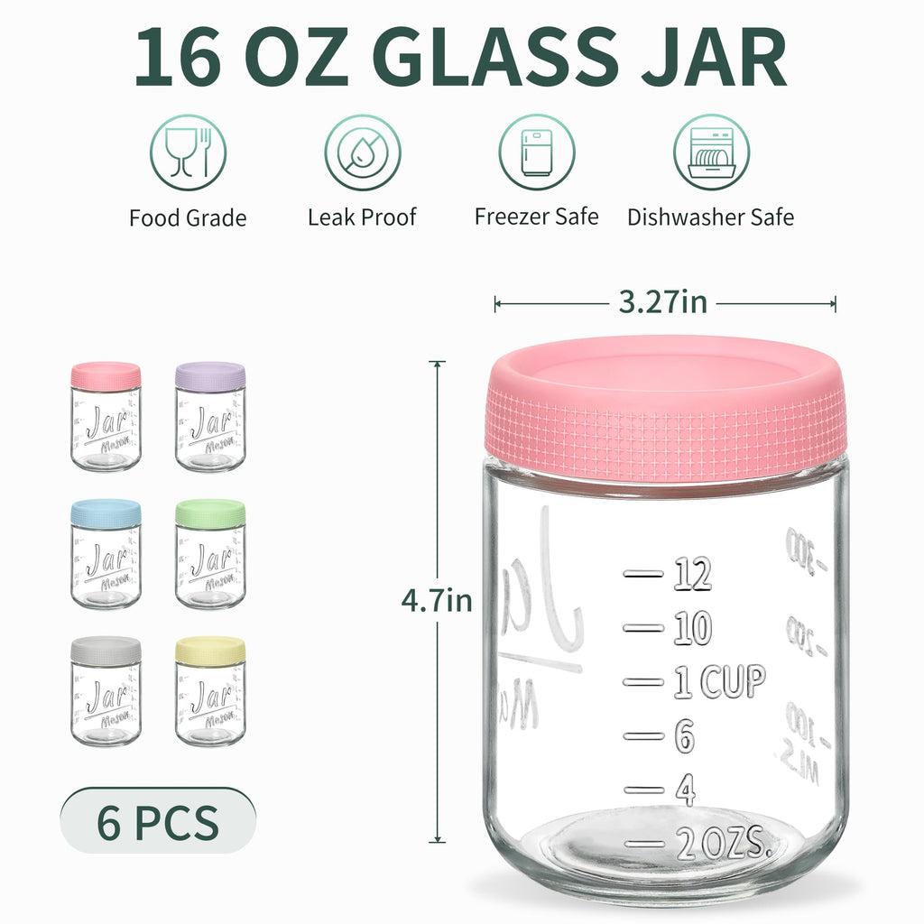 Xyptorix 6-Pack 16oz Overnight Oats Containers with Airtight Lids - Glass Mason Jars with Measurement Marks for Yogurt, Meal Prep & Chia Pudding, Stackable & Leakproof