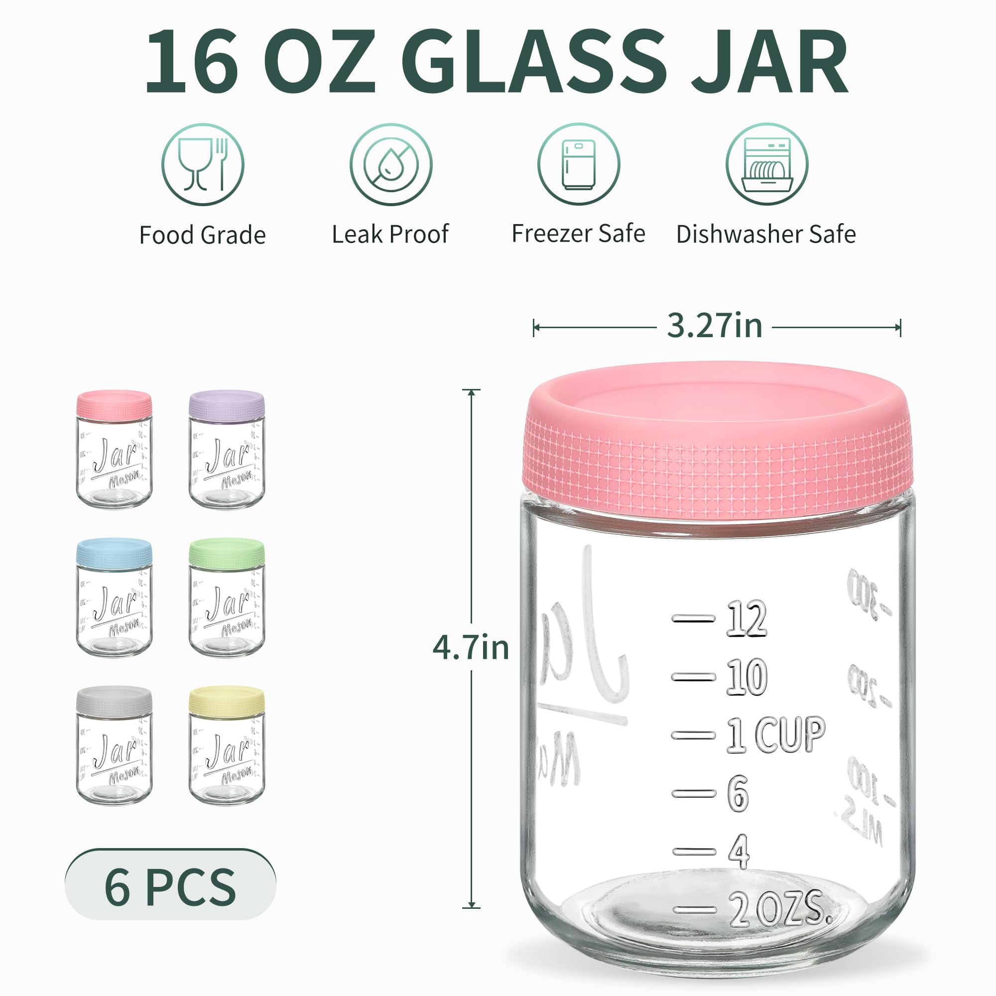 Xyptorix 6-Pack 16oz Overnight Oats Containers with Airtight Lids - Glass Mason Jars with Measurement Marks for Yogurt, Meal Prep & Chia Pudding, Stackable & Leakproof