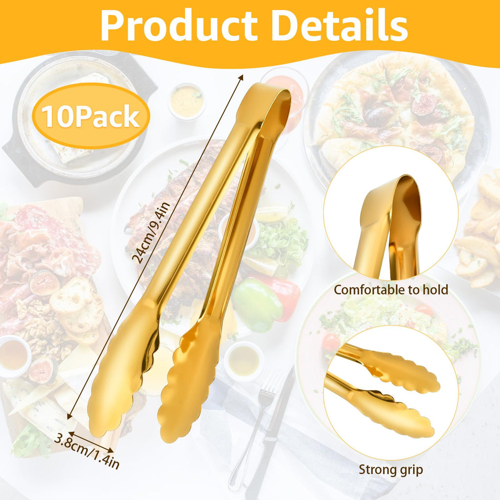 Worldity 10 Pack Gold Serving Tongs, Non-Slip & Easy Grip Golden Kitchen Utensils, Stainless Steel Gold Serving Tongs for Buffet, Salad Tongs for Bread, Fruit, Ice, Appetizer, Barbecue