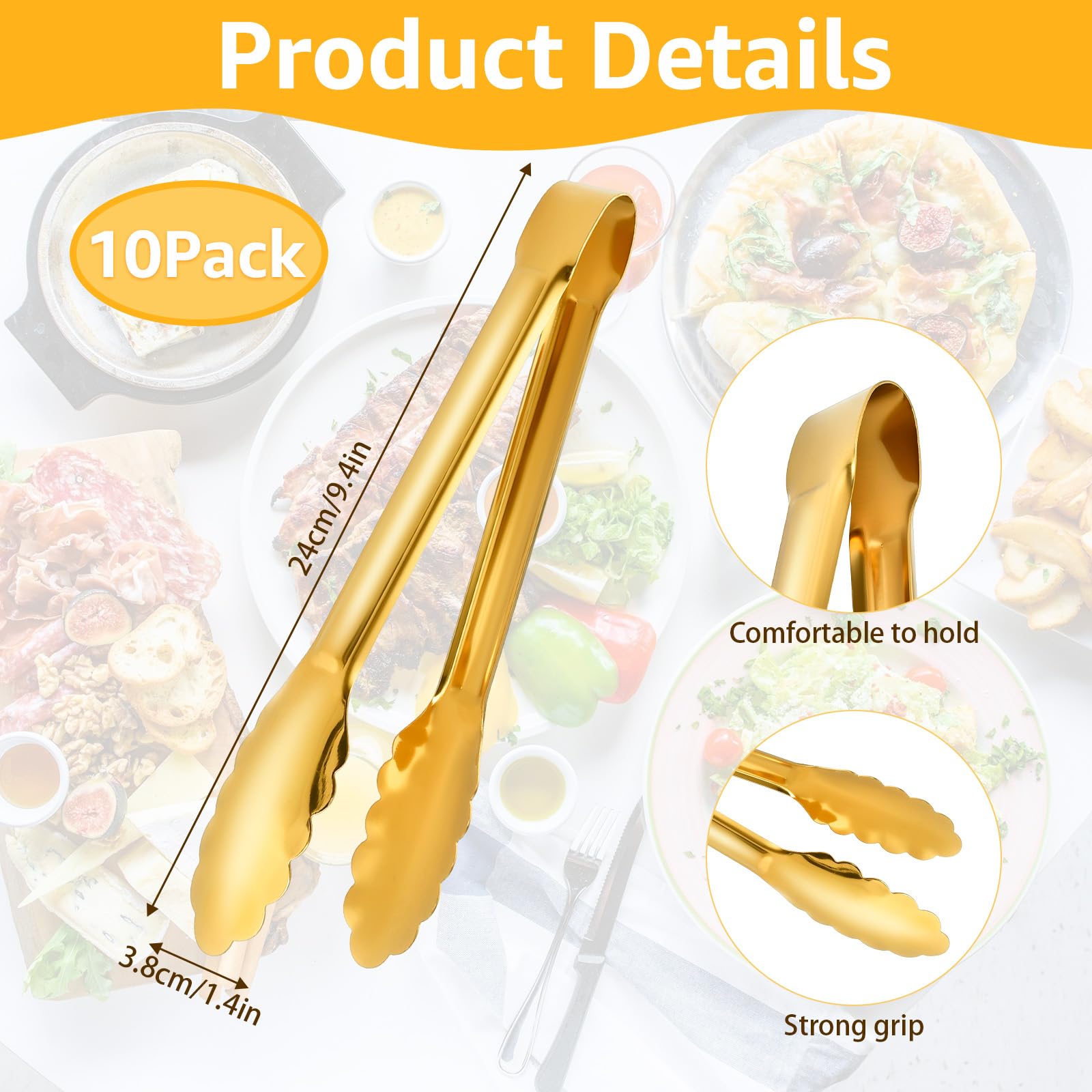 Worldity 10 Pack Gold Serving Tongs, Non-Slip & Easy Grip Golden Kitchen Utensils, Stainless Steel Gold Serving Tongs for Buffet, Salad Tongs for Bread, Fruit, Ice, Appetizer, Barbecue