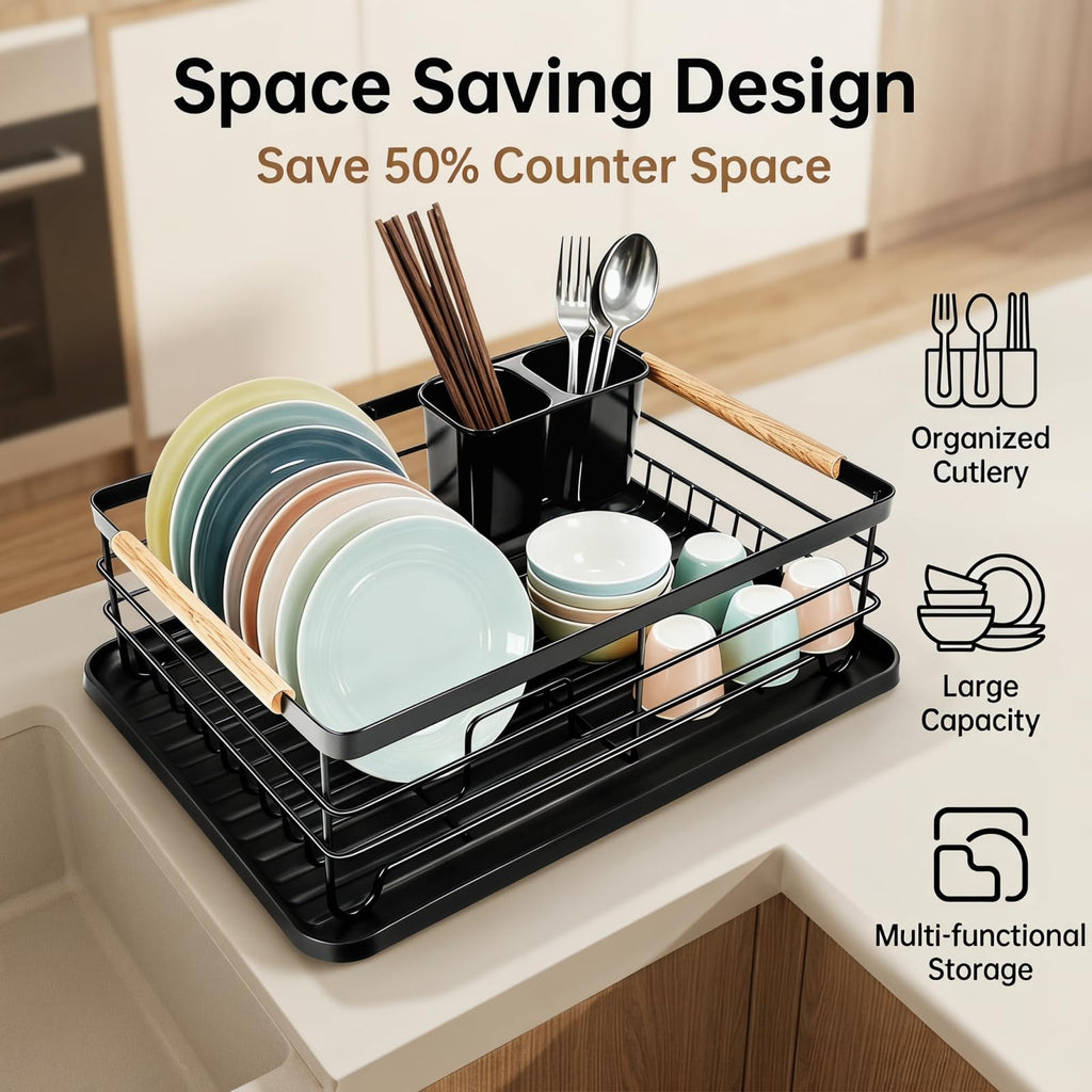 Fvellix Dish Racks for Kitchen Counter, Thickened Metal Dish Drying Rack with Wooden Handles, Kitchen Countertop Organizer for Dishes, Spoons and Forks, No Assembly, Black, 16.7''*12.6''*5.12''