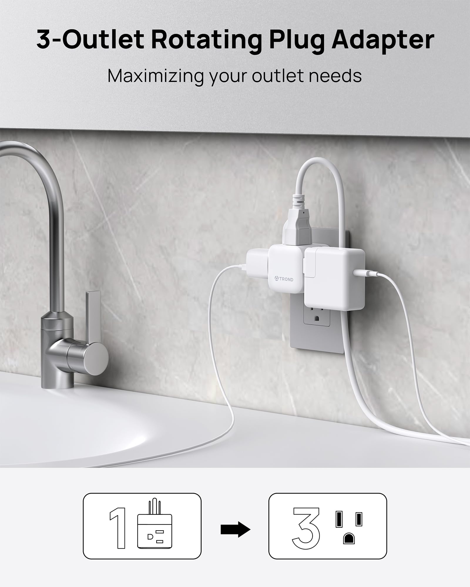 TROND Multi Plug Outlet Extender 2 Pack, 360° Rotating Plug Wall Adapter, 3 Way Outlet Splitter, 3-Sided Small Power Expander for Home Office Dorm Room, No Surge Protector for Cruise Travel Essentials