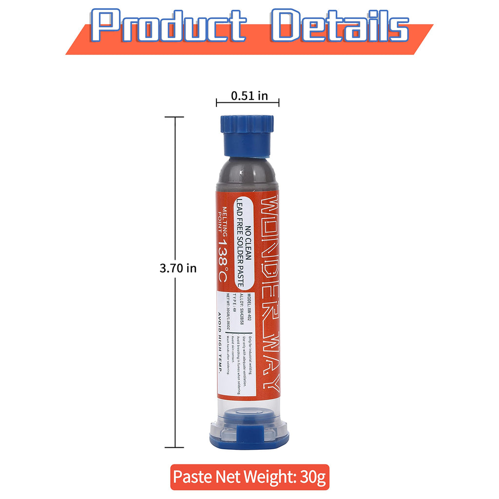 Wonderway Sn42/Bi58 T4 Lead Free Solder Paste No Clean, 138℃ Melting Point (30g)