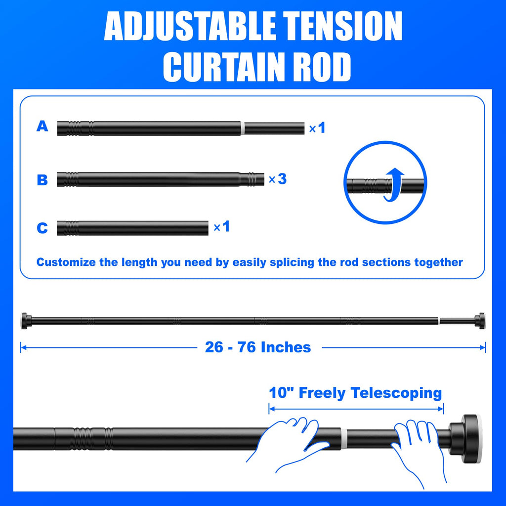 Ausemku Shower Curtain Rod Tension - 26-76 Inch Never Rust Non-Slip Spring Tension Curtain Rod No Drilling Stainless Steel Curtain Rod Use Bathroom Kitchen（Black）