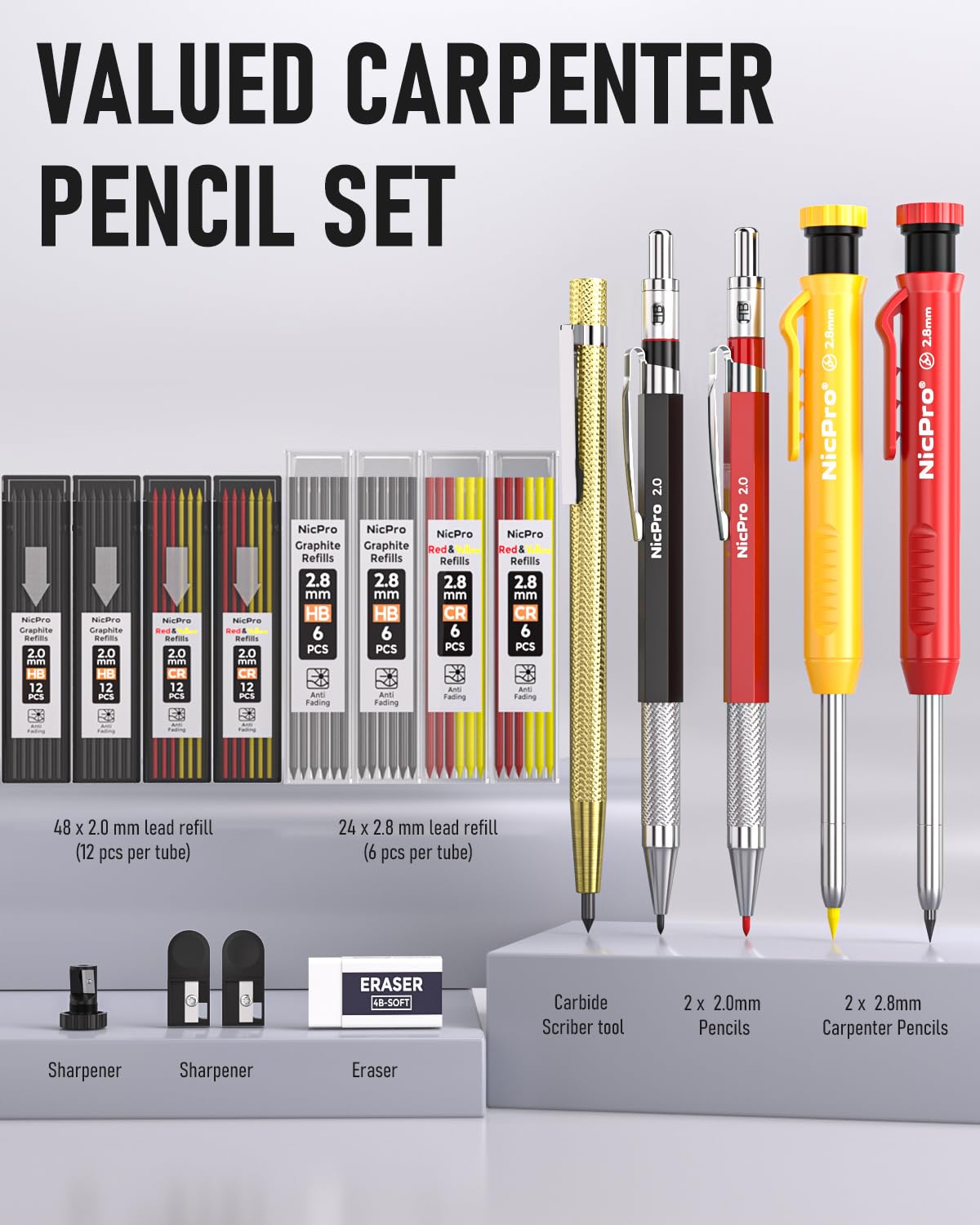 Nicpro 18 Pack Carpenter Pencil Set with Sharpener, Mechanical Carpenter Pencil 76 Refills(Black Red Yellow) & Carbide Scribe Tool, Deep Hole Markers Construction Heavy Duty Woodworking for Architect