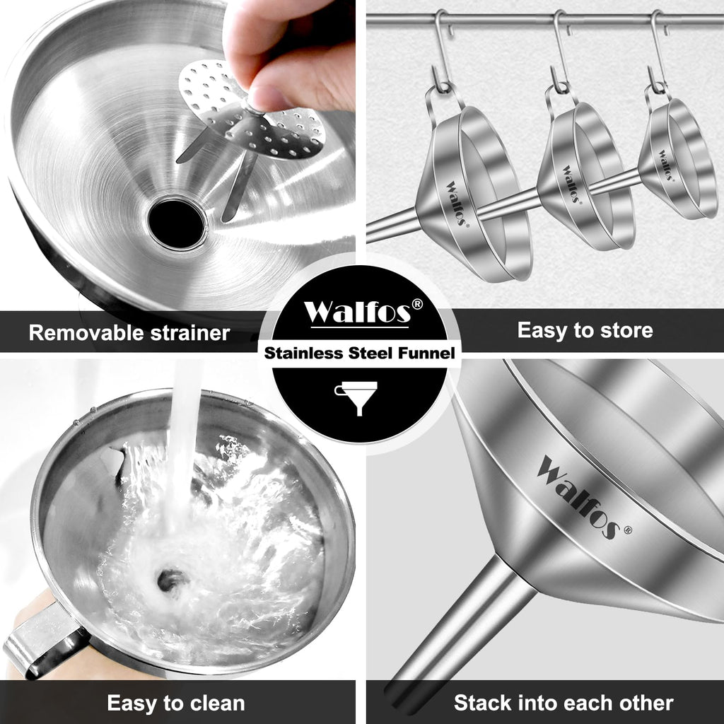 Walfos Stainless Steel Funnel Kitchen Set 3 Pack Funnels with 2 Removable Strainer Filter for Transferring of Liquid, Fluid, Cooking Oils, Jam, Dry Ingredients & Powder and 1 Pcs Cleaning Brush