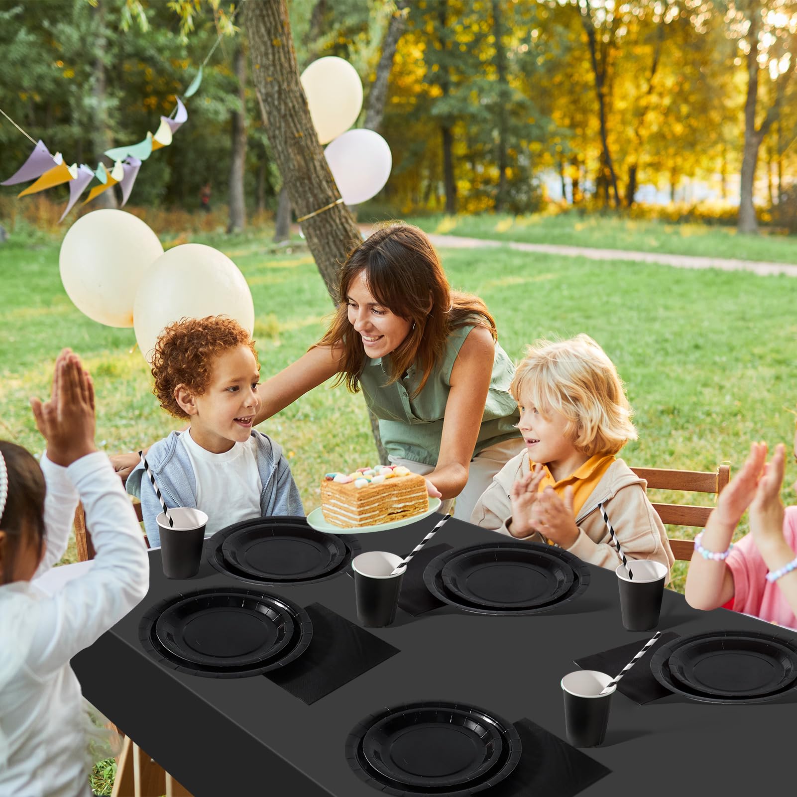 PYAILI 121 Pcs Black Party Tableware Set, Paper Plates Cups Napkins Tablecloth, Dinnerware Set for Kids Adult Birthday,Wedding,Baby Shower Party Tableware