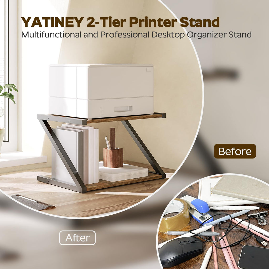 YATINEY Desktop Printer Stand, 2-Tier Printer Table with Storage Shelf, Under Desk Printer Stand for Home Office, Open Organizer Shelf, Easy Assembly, Rustic Brown PS02BR