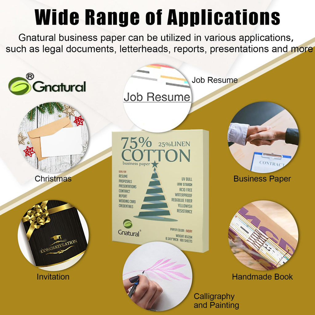 Gnatural 75% Cotton, 25% Linen, Ivory Business Paper, 85 gsm, 8.5" W x 11" L, Non Wet Print Paper, 100 per Box with Low Starch