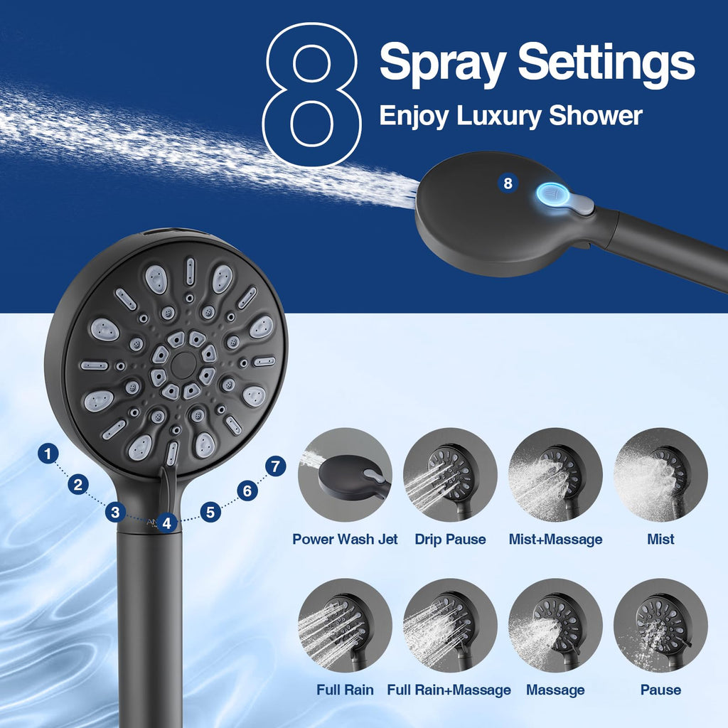 ANNWA Filtered Shower Head with Multi-Spray Modes, High Pressure Handheld Showerhead Filter for Hard Water Filtering Showerhead with Hose(N8HS702MB)