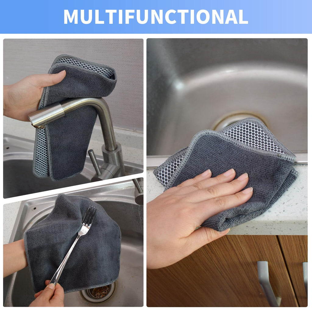 KinHwa Microfiber Dish Cloths Super Absorbent Kitchen Wash Cloth Dish Rags for Washing Dishes Fast Drying Cleaning Cloth with Scrub Side (Grey, 10inch X10inch 9Pack)