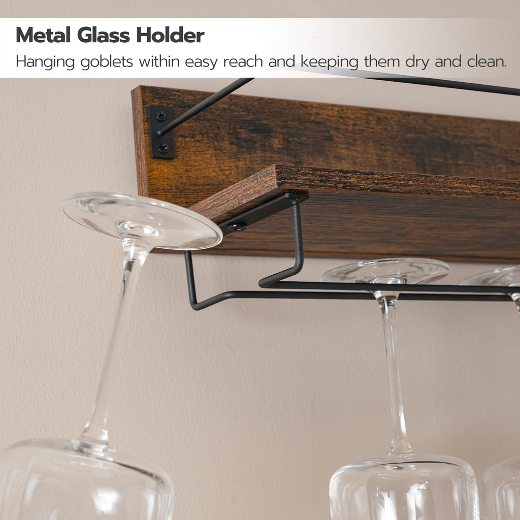 HOOBRO Wine Rack Wall Mounted 2 Pack, Wine Shelf Hanging Floating Wall Shelves, Wine Glass Bottle Rack Stemware Holder, for Living Room, Dining Room, Kitchen, Rustic Brown and Black BF28BJ01