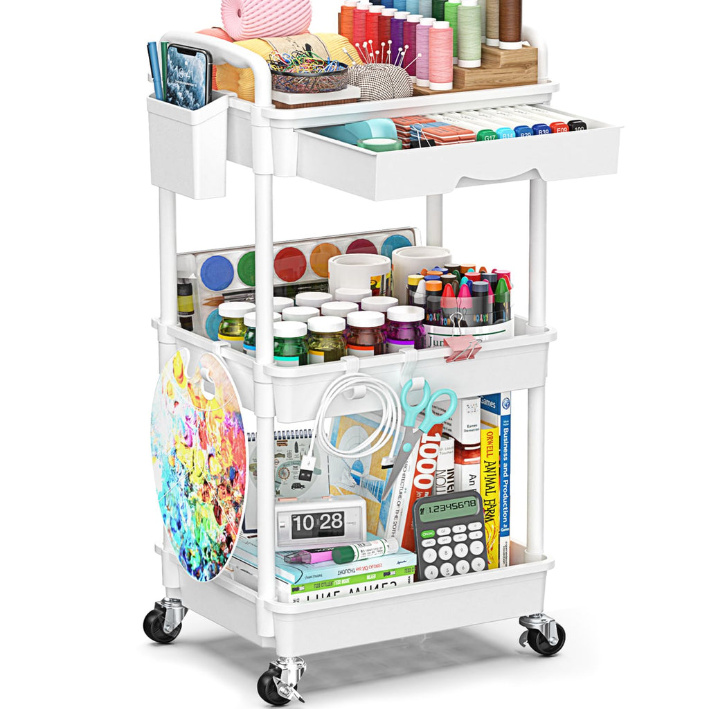 SUNALLY 3 Tier Rolling Storage Carts with Drawer, Storage Cart Organizer with Lockable Wheels Rolling Utility Organizing Cart for Bathroom Kitchen Bedside Art Craft Snake Makeup Lash Nail Baby, White