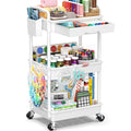 SUNALLY 3 Tier Rolling Storage Carts with Drawer, Storage Cart Organizer with Lockable Wheels Rolling Utility Organizing Cart for Bathroom Kitchen Bedside Art Craft Snake Makeup Lash Nail Baby, White