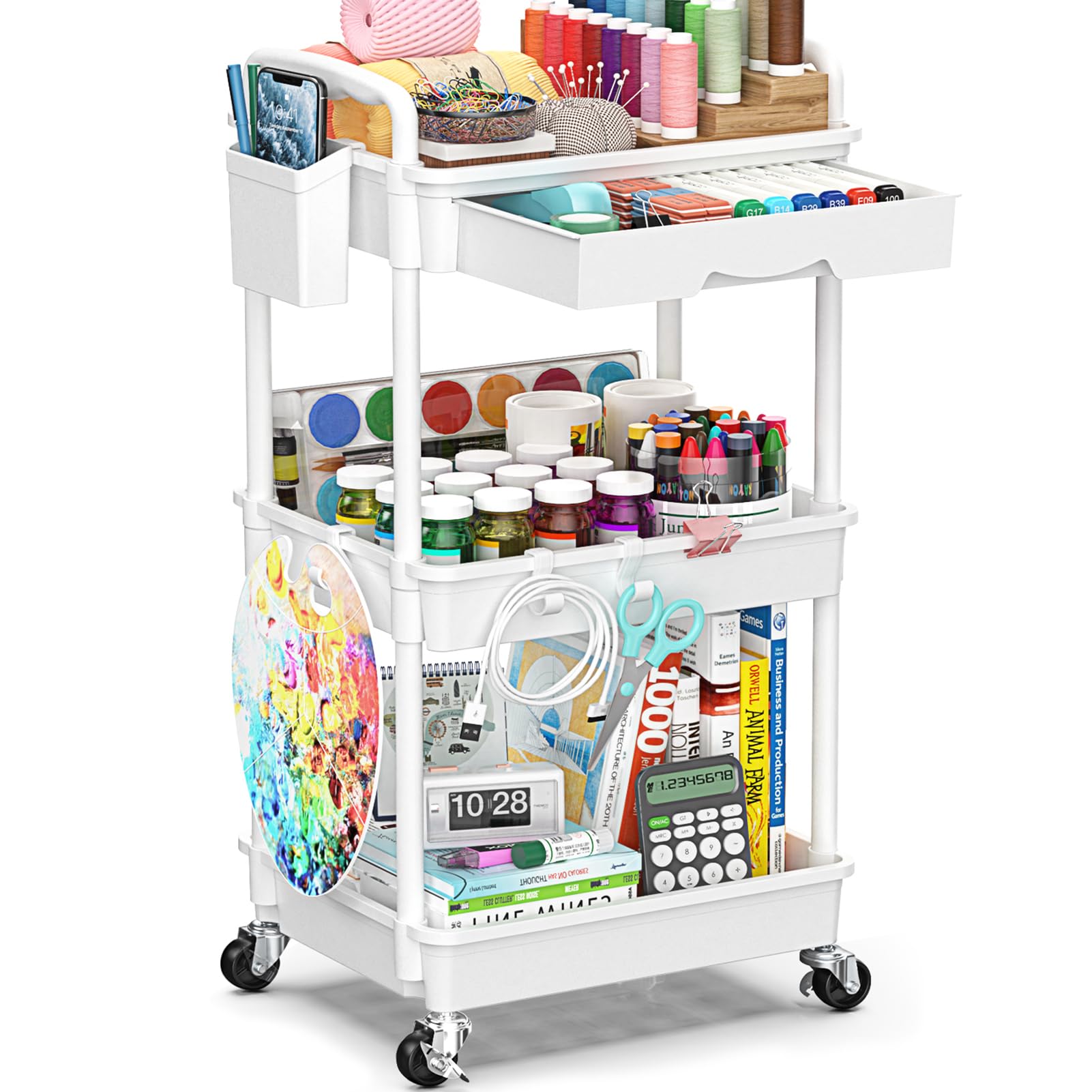 SUNALLY 3 Tier Rolling Storage Carts with Drawer, Storage Cart Organizer with Lockable Wheels Rolling Utility Organizing Cart for Bathroom Kitchen Bedside Art Craft Snake Makeup Lash Nail Baby, White