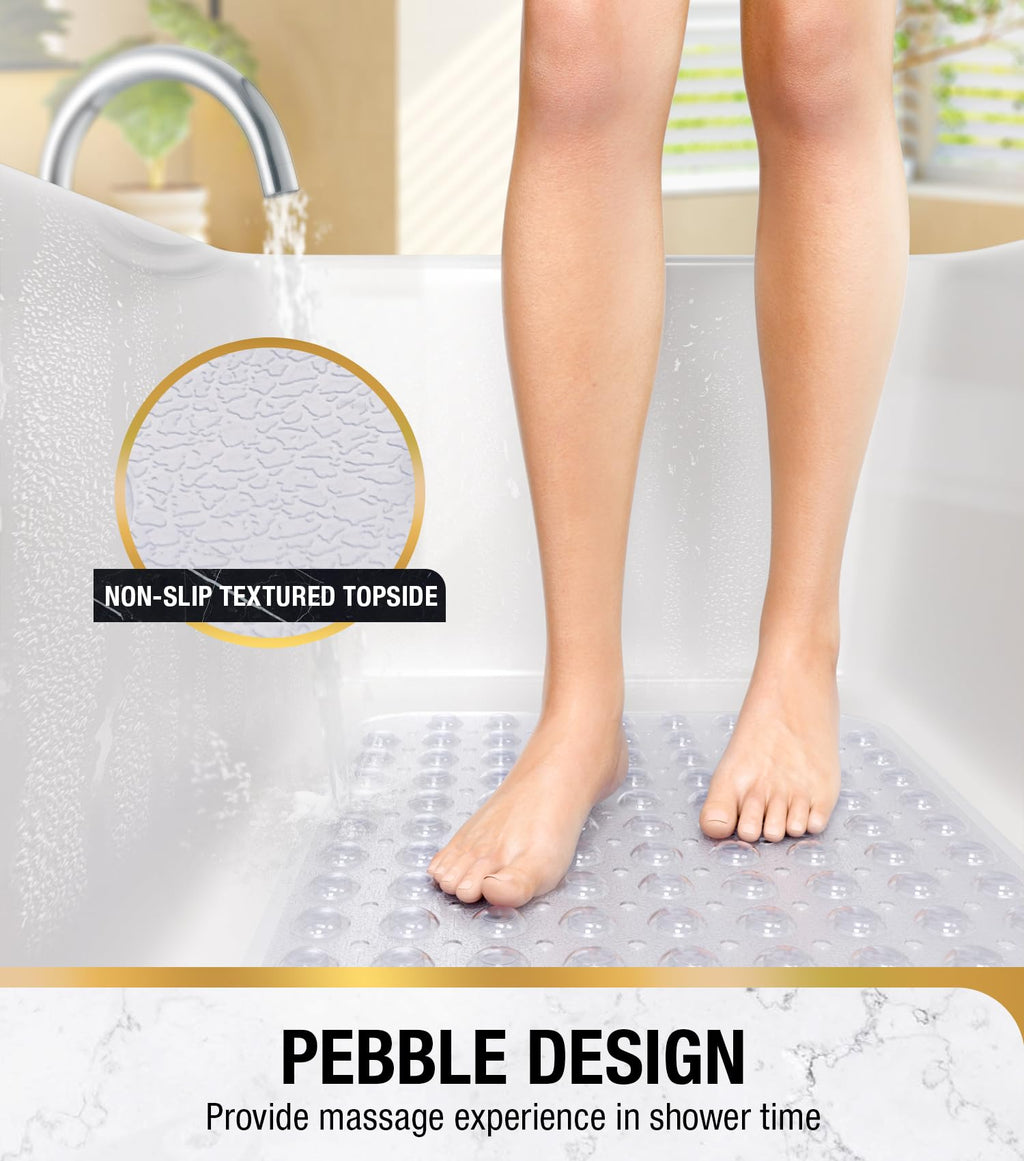 HITSLAM Bath Mat for Tub, Non Slip Bathtub Mat, 101x40cm Extra Long Bath Tub Mat, Machine Washable Bathroom Shower Mat with Suction Cups and Drain Holes, Soft on Feet, Clear