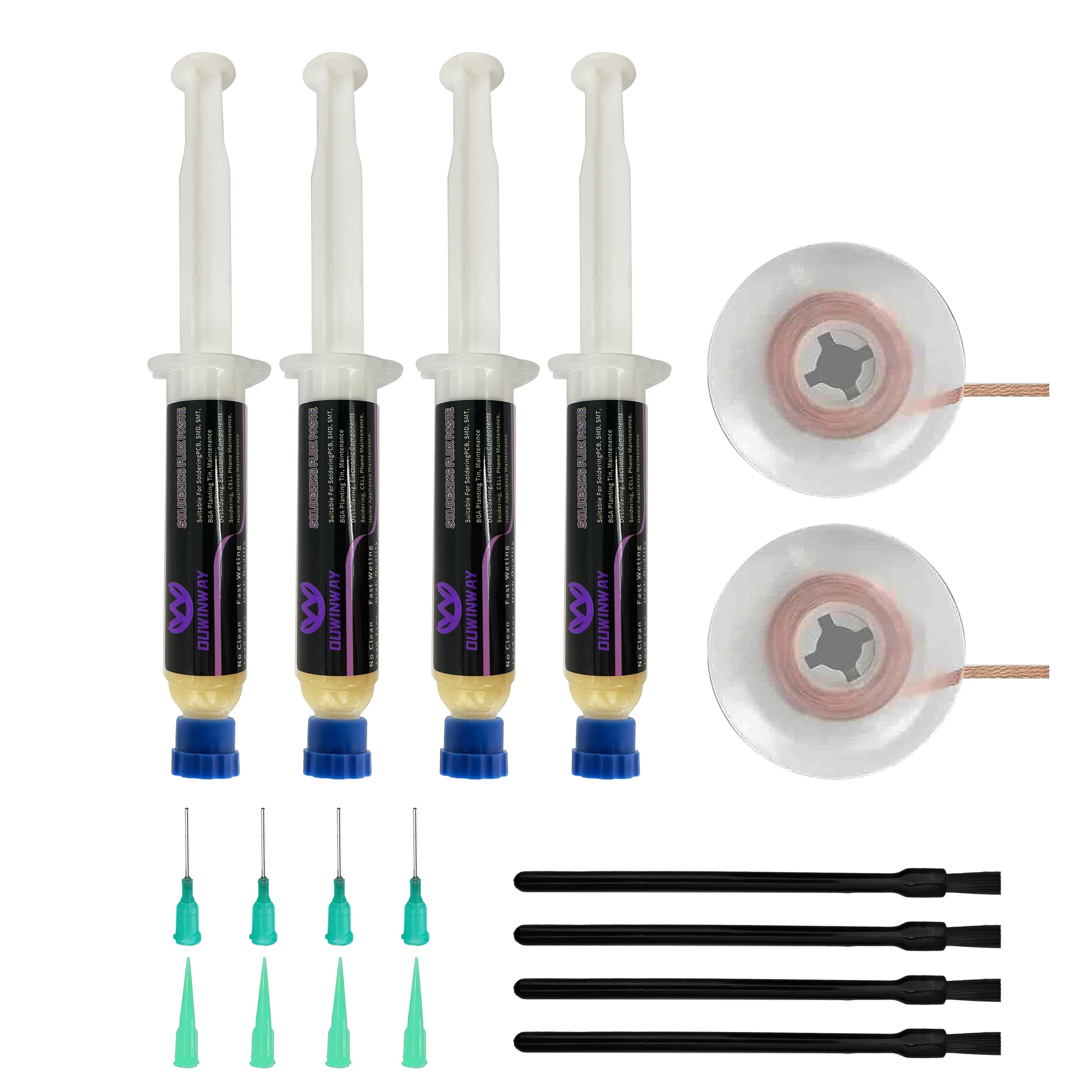 Ouwinway 4-Pack no Clean Soldering Flux Paste,Solder Flux for Electrical Soldering,for Copper Pipe Brazing, Tin Soldering,10cc/Bottle with 2-Pack Solder Wick