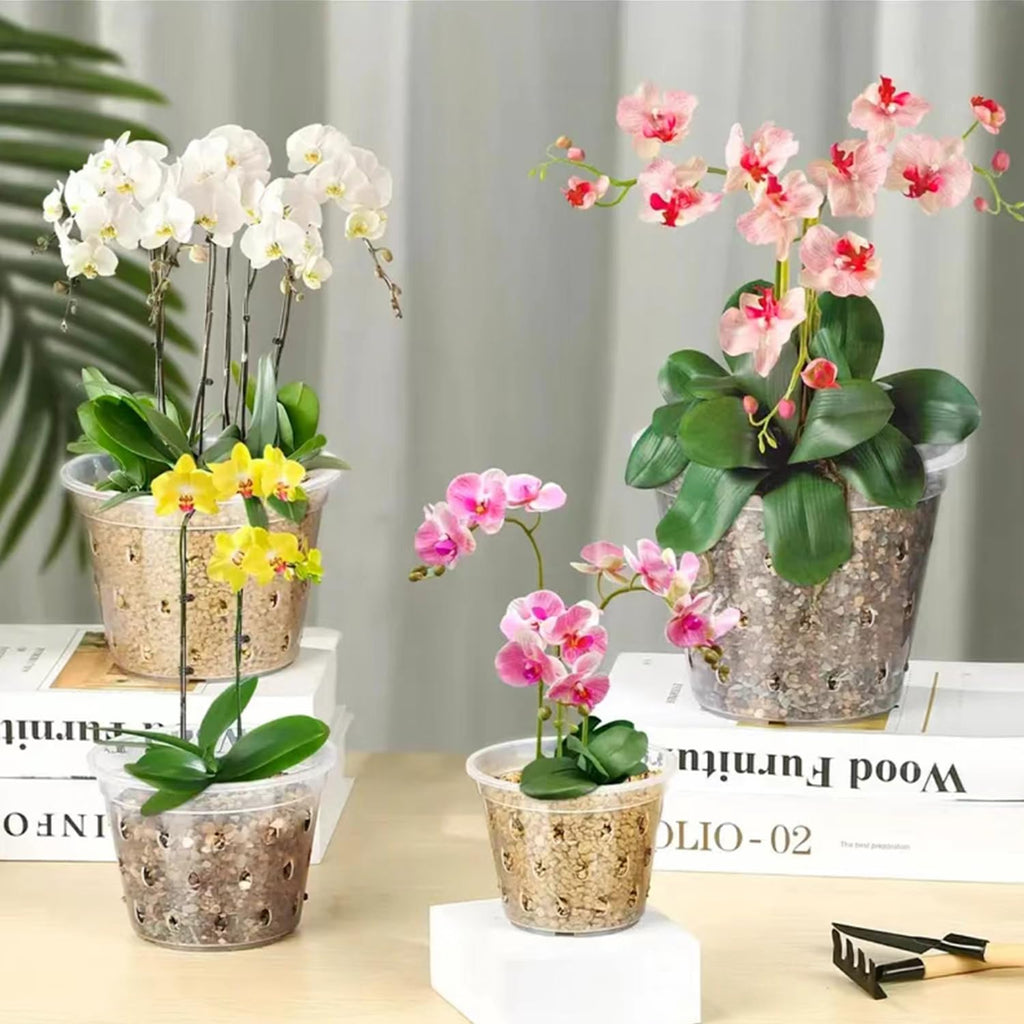 8pcs Orchid Pots with Saucers and Plant Stakes Set, 4" 5" 5.6" 6" Multi-Size, Clear Orchid Pot with Holes and Plant Support, Clear Plastic Breathable Orchid pots for Repotting