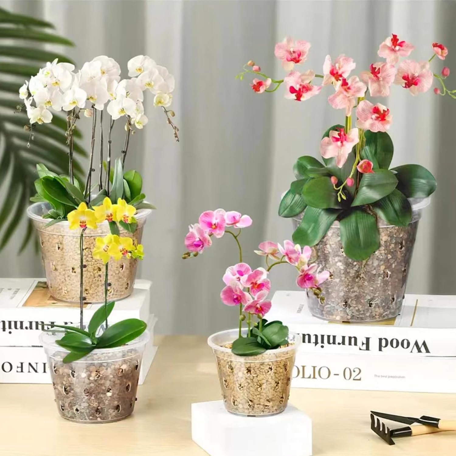 8pcs Orchid Pots with Saucers and Plant Stakes Set, 4" 5" 5.6" 6" Multi-Size, Clear Orchid Pot with Holes and Plant Support, Clear Plastic Breathable Orchid pots for Repotting