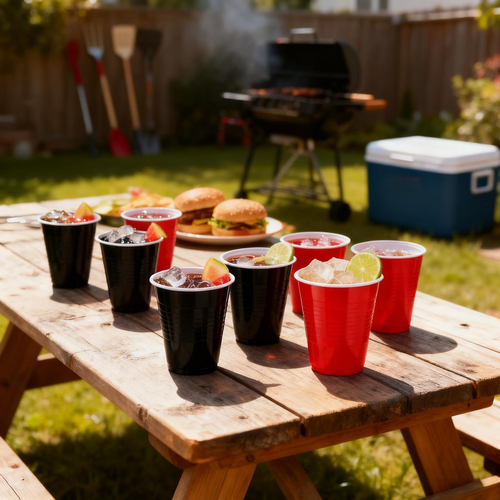 120 Count 18 oz Plastic Cups Black and Red Disposable Cups Heavy Duty Party Cups Beer Drinking Cups Bulk for Birthday Wedding Graduation Picnic Halloween Christmas Celebrations Everyday Use