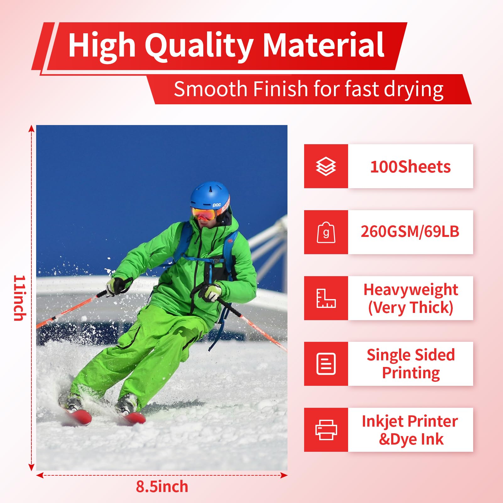 Elygrap 100 Sheets Thick Glossy Photo Paper - 8.5x11 Inches, 69LB 260GSM Heavyweight Photo Paper for Inkjet Printers and Dye Ink, Perfect for Greeting Cards Cake Toppers Photos Crafts