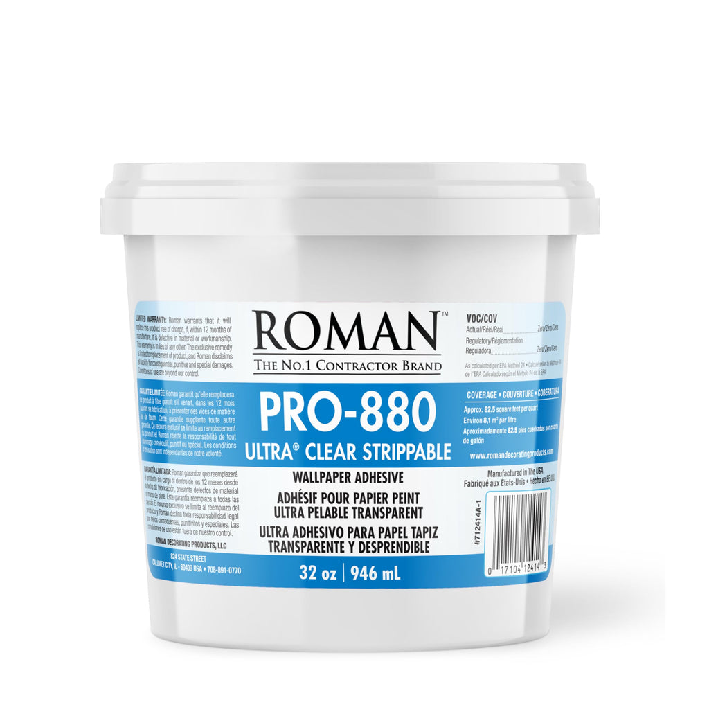 Roman Products 012401 PRO-880 Wallpaper Adhesive & Paste for Any Wallcovering - Ultra Clear, 1 Gallon, White (32 Ounce, 80 Sq. Ft.)