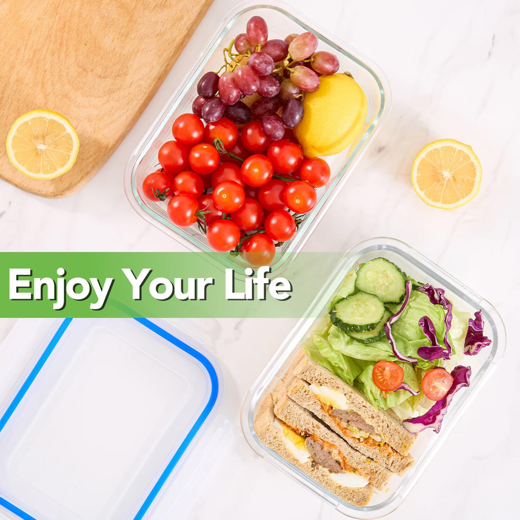 Asnews 8 Pack Glass Meal Prep Containers with Lids, Glass Food Storage Containers with Snap Locking Lids, Airtight Lunch Containers for Microwave, Oven, Freezer and Dishwasher BPA Free (Blue)