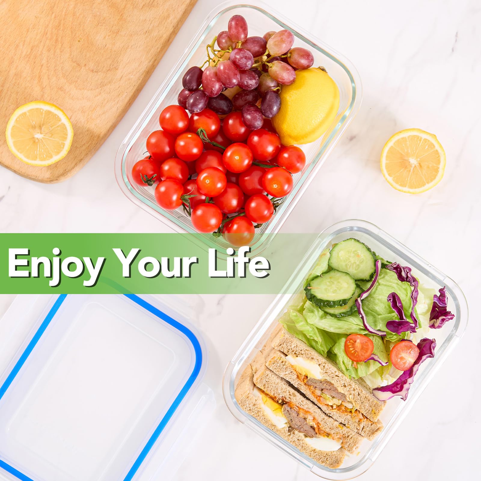 Asnews 8 Pack Glass Meal Prep Containers with Lids, Glass Food Storage Containers with Snap Locking Lids, Airtight Lunch Containers for Microwave, Oven, Freezer and Dishwasher BPA Free (Blue)