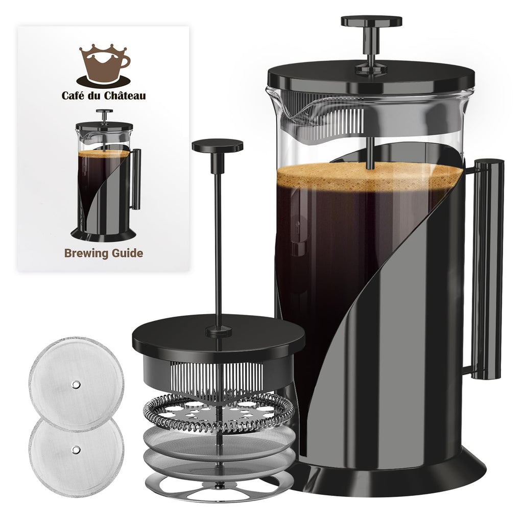 French Press Coffee Maker 34oz – Stainless Steel & Glass Coffee Press with 4-Level Filtration, BPA-Free Cafetiere for Camping or Home – Large, Durable for Hot & Cold Brew