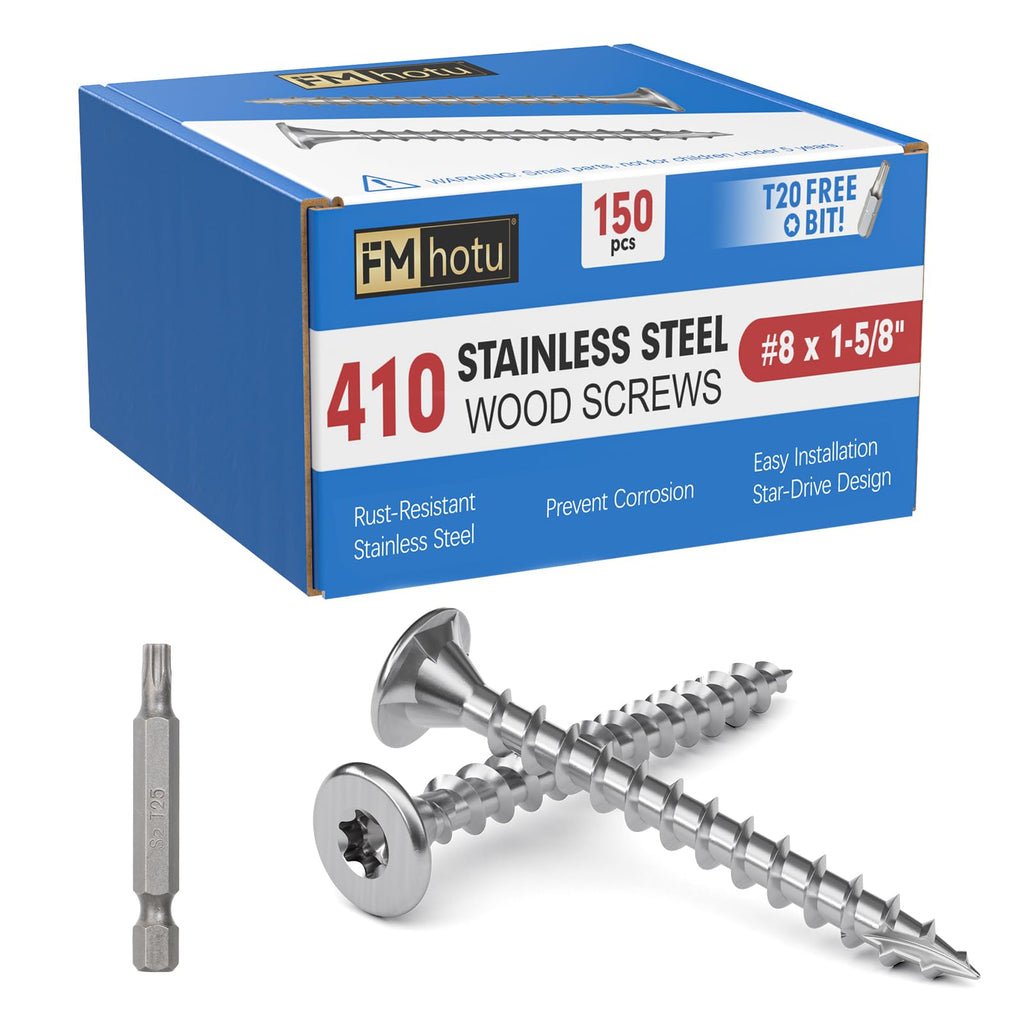 #8 x 1-5/8" Stainless Steel Deck Screws, 150Pcs Deck Screws T20 Star Bit, 410 Grade Stainless Steel, Rust Resistant Timber Screws for Log Landscaping Wood