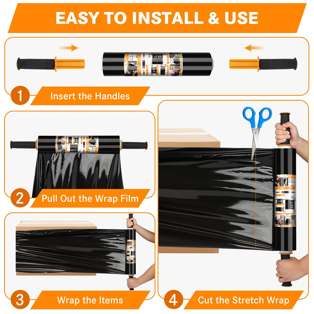 Origuuds Stretch Film, 80 Gauge Stretch Wrap with Handles, Industrial Strength Plastic Wrap for Moving, Pallet Wrap, Luggage, Furniture Wrapping, Packing (Black/15 Inch x 1000 Feet, 1 Roll)