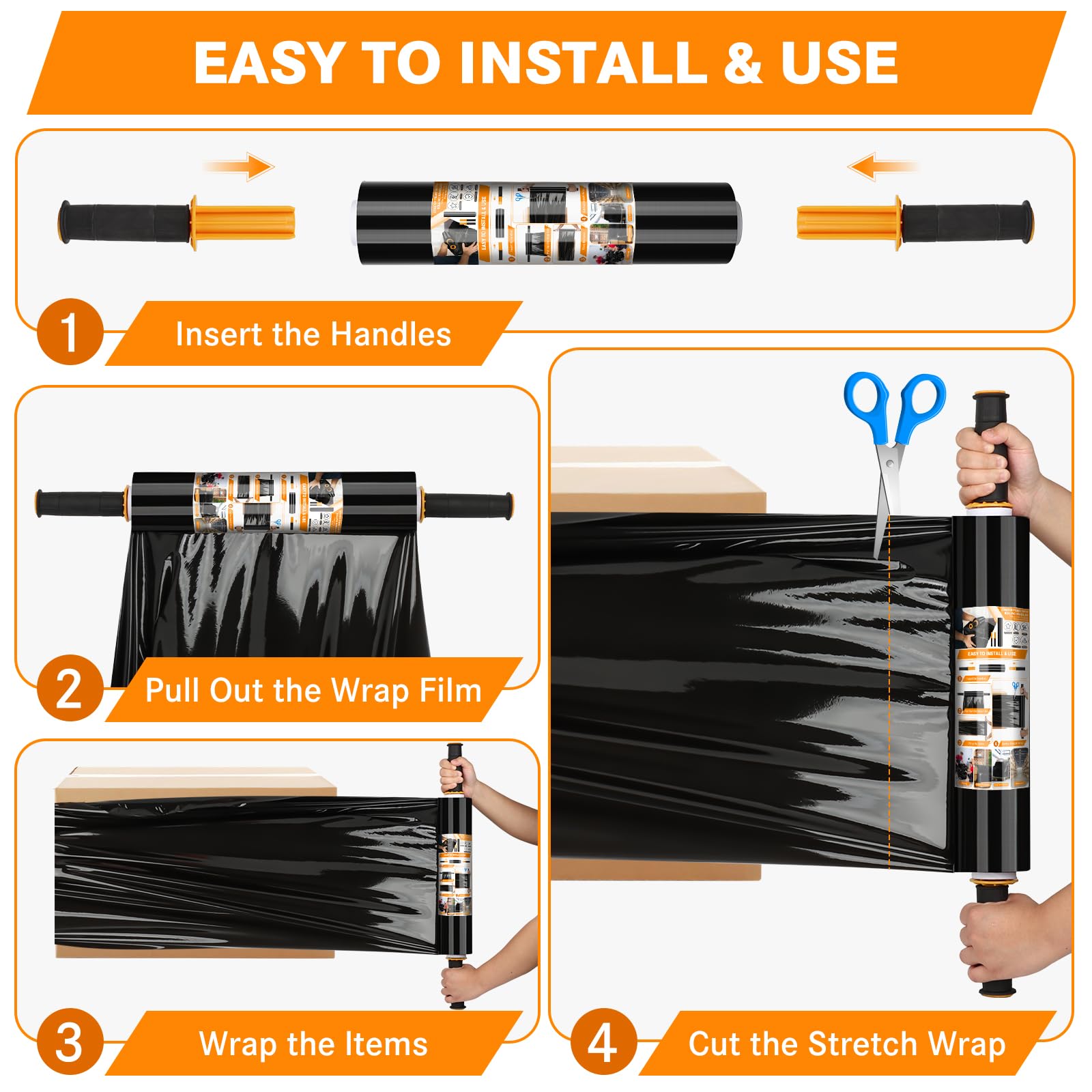Origuuds Stretch Film, 80 Gauge Stretch Wrap with Handles, Industrial Strength Plastic Wrap for Moving, Pallet Wrap, Luggage, Furniture Wrapping, Packing (Black/15 Inch x 1000 Feet, 1 Roll)