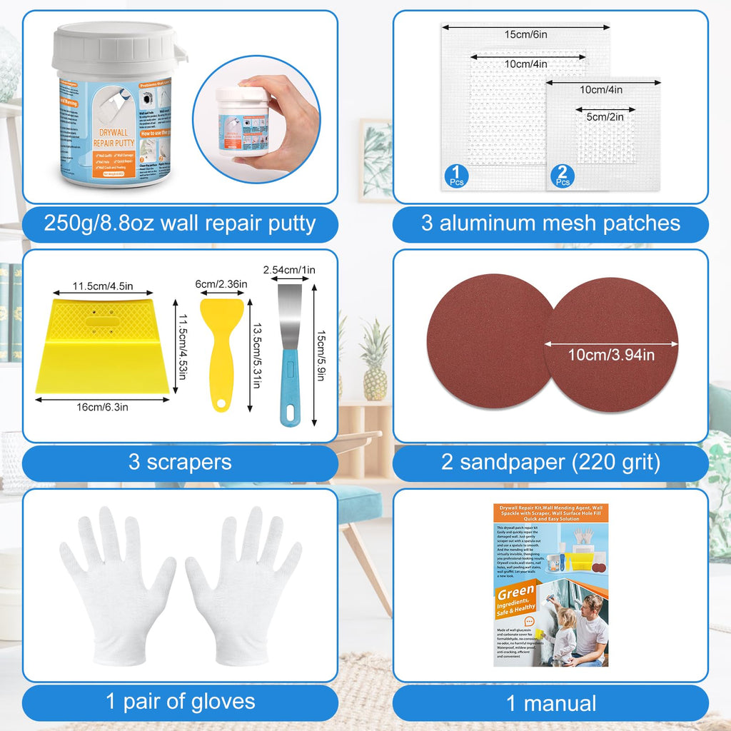 Drywall Repair Kit, Drywall Patch Repair Kit with 8.8OZ White Repair Putty, Scraper Sandpapers Gloves for Heavy Duty Plaster Wall Repair, Easy to Fill Holes in Home Wall & Quick Repair Crack