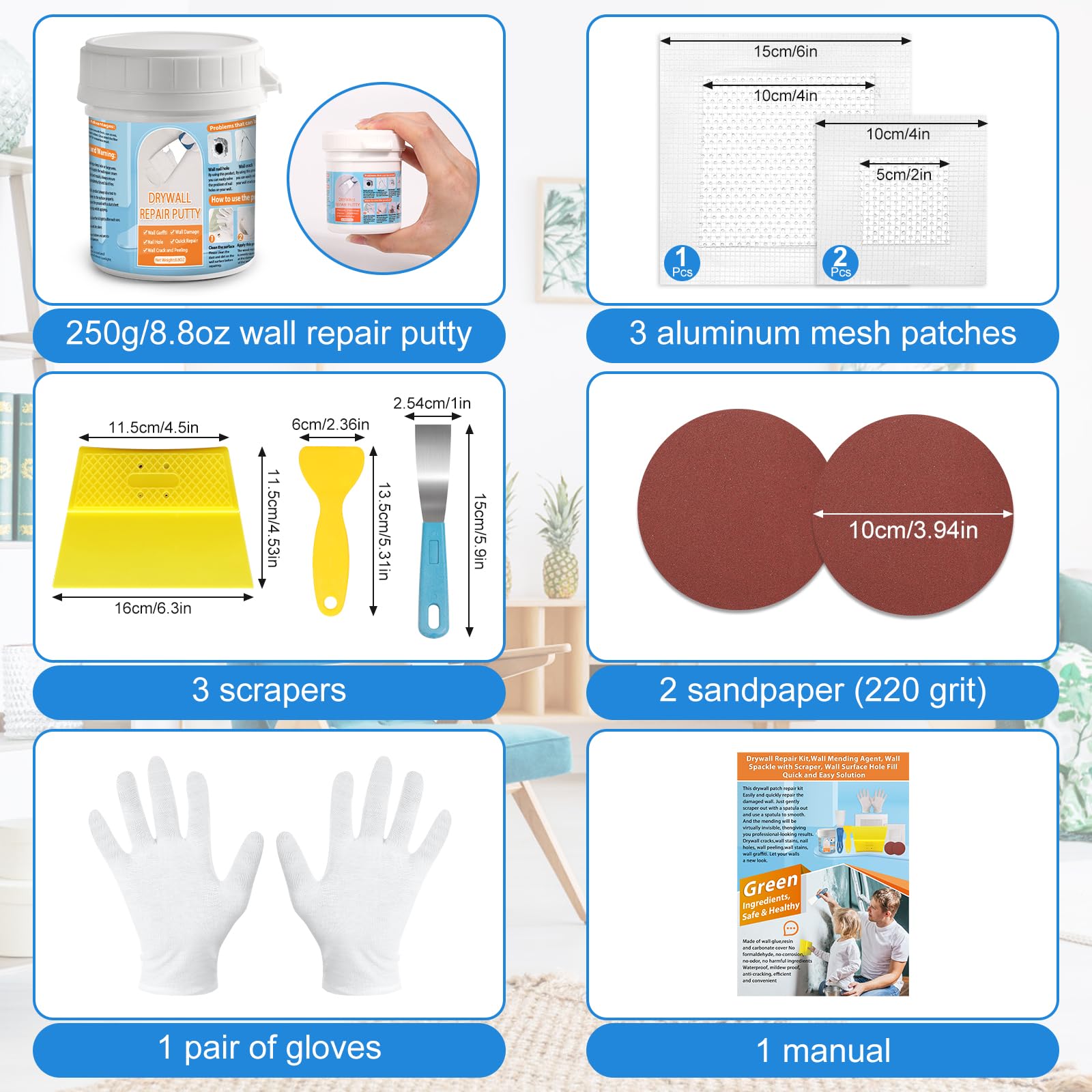 Drywall Repair Kit, Drywall Patch Repair Kit with 8.8OZ White Repair Putty, Scraper Sandpapers Gloves for Heavy Duty Plaster Wall Repair, Easy to Fill Holes in Home Wall & Quick Repair Crack